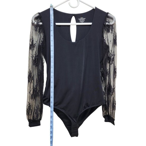 Black Lace Sleeve Bodysuit With Mesh Details & Snap Closure Size S - Picture 6 of 10